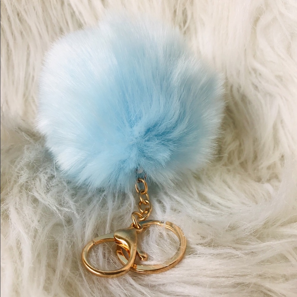 Baby blue faux furry Pom Pom keychain.